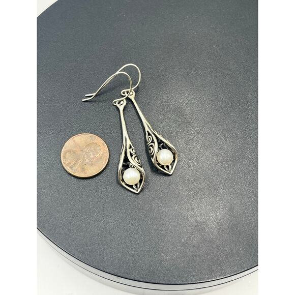 Sterling Silver .925 Calla Lily White Pearl Drop Dangle Pierced Earrings - Picture 8 of 11